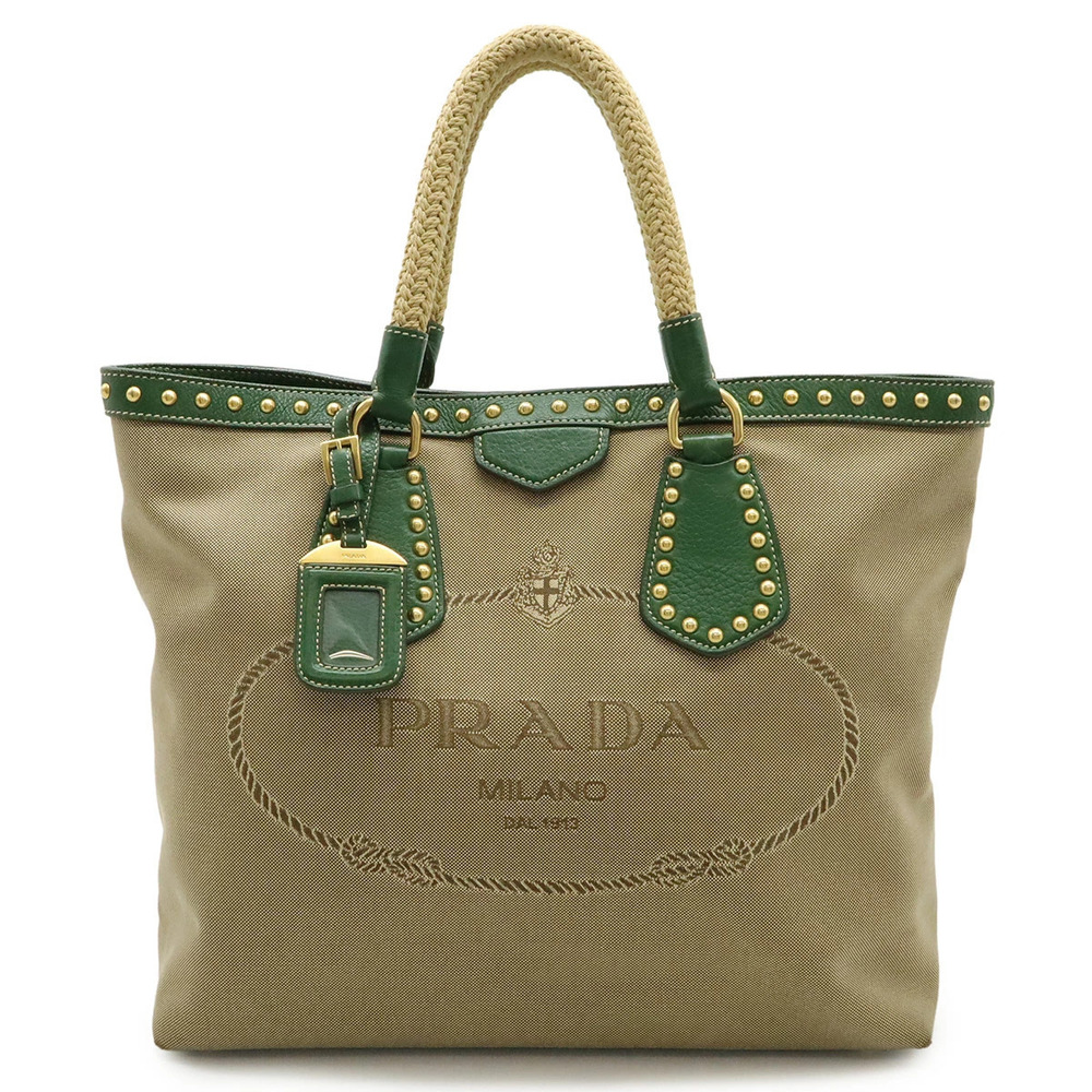 Prada jacquard tote bag woven handle studs canvas leather Beige Cream green